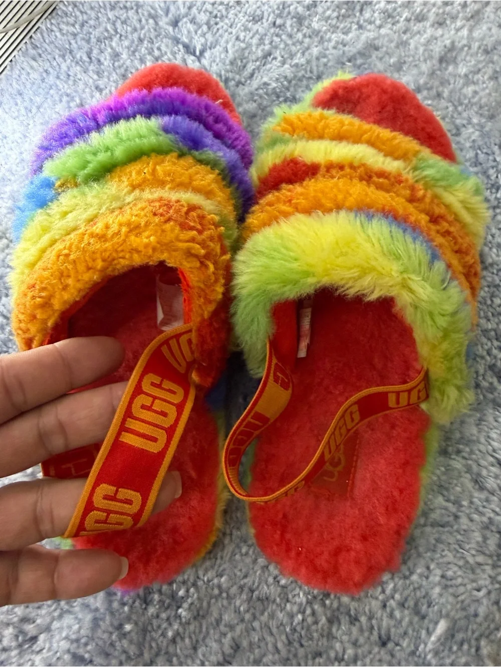 UGG Kids Rainbow Fuzzy Slide Sandals - Red, Orange, Yellow, Green, Blue, Purple